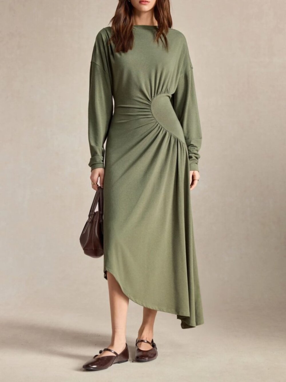 Sage Green Ruched Waist Asymmetric Hem Midi Dress